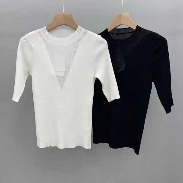 

brand fashion women high luxury summer casual elegant thin stitching elastic wool knitted cotton t-shirt tees women's, White
