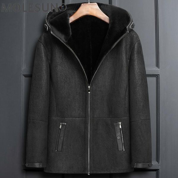 

men's leather & faux akoosun winter coat men clothing 2021 thick real fur jacket hooded natual sheep shearling jackets male ropa lxr348, Black