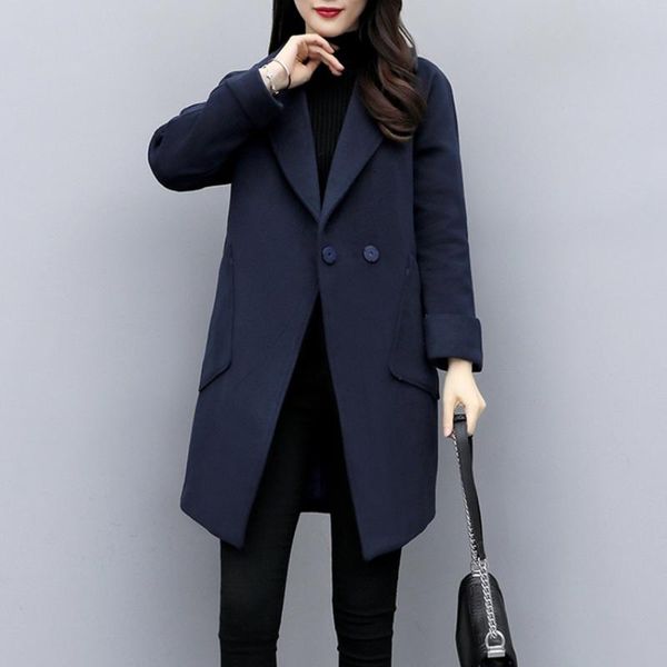 

women's suits & blazers blend warm long coat female slim fit lapel woolen overcoat 2021 autumn winter fashion navy women 865c, White;black