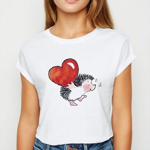 

female hedgehog love spring and men t shirt women summer simple tee aesthetics graphic vestidos round neck shirts, White;black