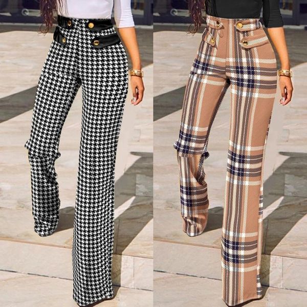 

women's pants & capris 2021 women buttoned high waist wide leg tailored autumn casual ladies plaid long pencil elegant trousers overall, Black;white