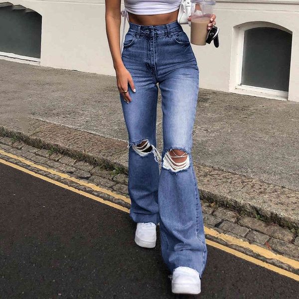 

women streetwear holes ripped jeans trousers hollow out high waist zipper denim blue black wide leg pants