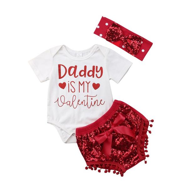 

clothing sets 2021 summer born baby girls valentine romper bowknot shorts red sequins outfits 3pcs cute set, White