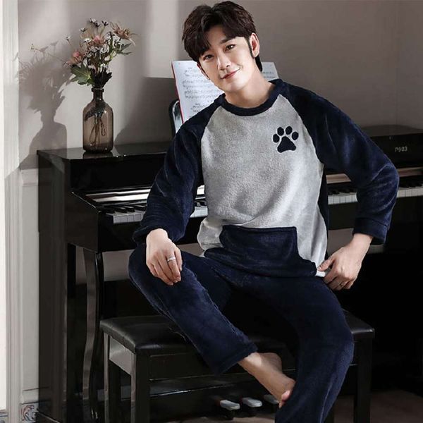 

soft winter thicken warm flanellen pajamas men long mouwen nightdresses pair of homme west pyjamas, Black;brown
