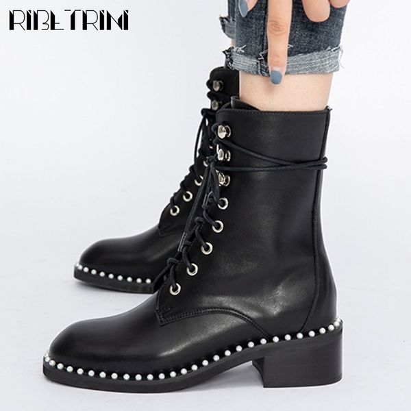 

boots female fashion pearl mid calf round toe square heel lace boots women rivet metal luxury shoes woman, Black