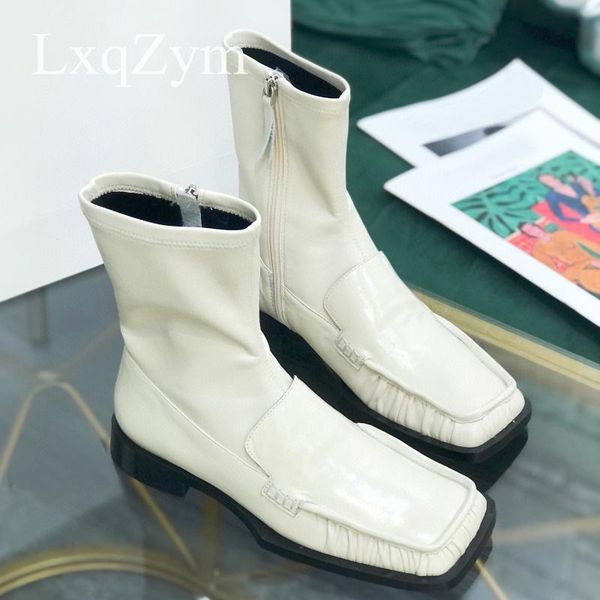 

boots retro classic square toe ankle genuine leather low heel short fashion zipper shoes women black white simple