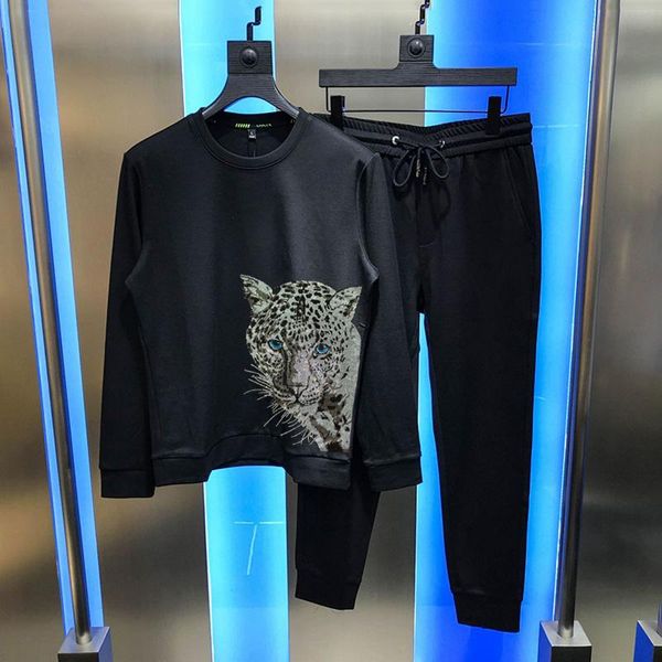 

men's tracksuits oversized brand pullover with rhinestone hollow leopard sweatshirt plus velvet winter tracksuit sets, Gray