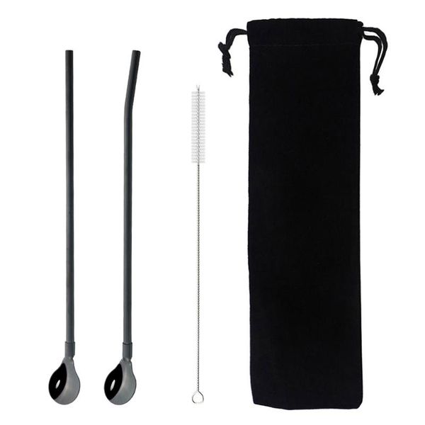 

4pcs black straw spoon metal stainless steel reusable milk drinking with cleaner brush bar stirring accessory straws