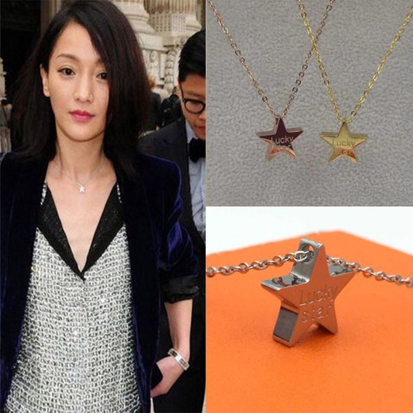 

x2-101 new same lucky star pentagram letter necklace 18k titanium steel rose gold, Silver