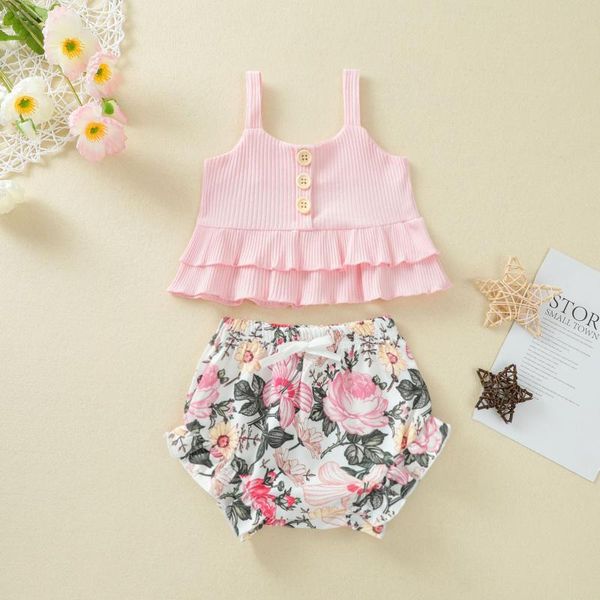 

toddler baby girls clothes 2pcs summer outfits, sleeveless button front ruffle tank + floral shorts set clothing sets, White