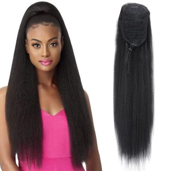 

synthetic wigs azir long afro puff ponytail hair kinky natural straight drawstring pony with clip elastic band, Black