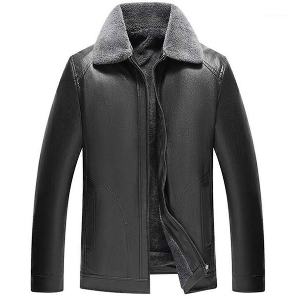 

men thicker warm leather jackets winter brown pu coats down good quality wool liner loose casual men's fur & faux, Black