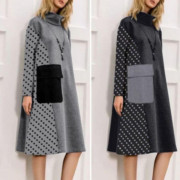 

casual dresses turtleneck knee length robe femme lady long sleeve pocket patchwork vestidos autumn female sweatshirt dress plus size 5xl, Black;gray