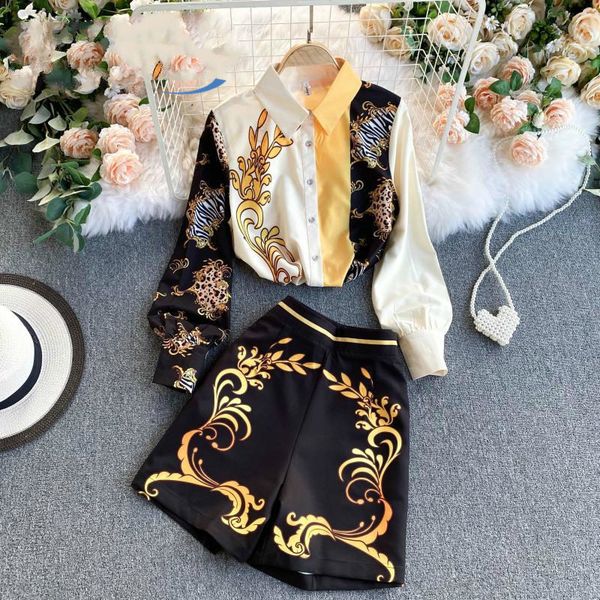 

spring arrivals vintage printed two piece set women suit long sleeve blouse high waist shorts outfits ml607 210525, White