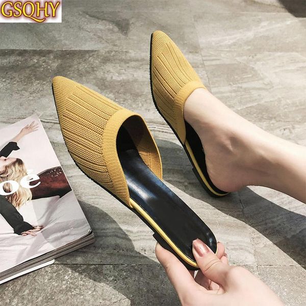

women slippers fashion slides knitted thin heels elegant sandals ladies mules outside pointed toe female shoes spring summer, Black