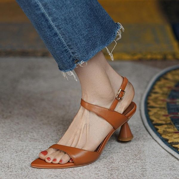 

women sandals high heel genuine leather white brown woman summer shoes 6.5cm strange heels peep toe ladies party dress, Black