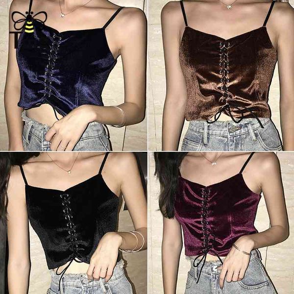

club lace up crop tees causal velvet camisole cropped women tank autumn short wine red cami female 210513, White