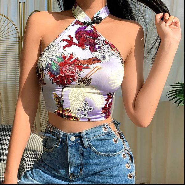 

dragon flower printed women tanks halter sleeveless backless skinny slim cropped tank summer casual fashion, White