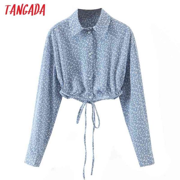 

women retro blue floral crop tunic chic female slim shirt qb54 210416, White