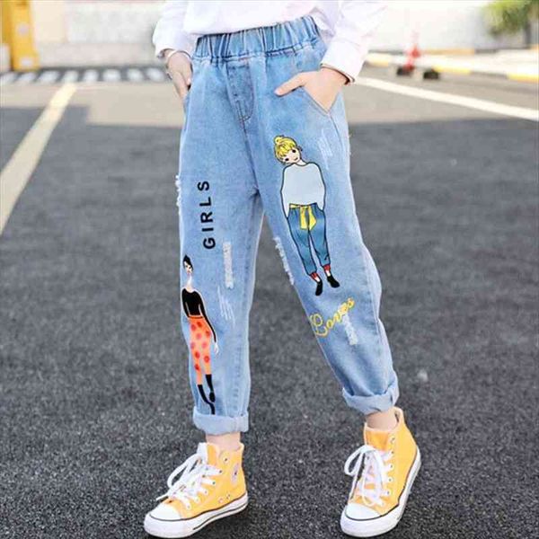 

jeans for girls spring autumn baby girl jeans with holes cotton fashion childrens trousers cartoon print denim 3-10 year, Blue