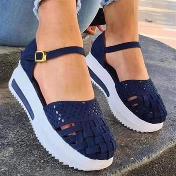 

summer women fashion sandals pu leather weave ankle strap buckle platform wedge heel casual leisure shoes ladies whosale 2021, Black