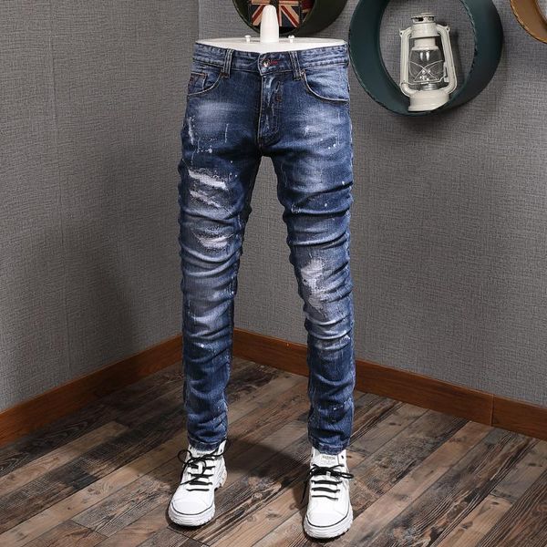 

brand 2021 men jeans retro blue slim fit elastic ripped patchwork vintage designer pants streetwear hip hop men's