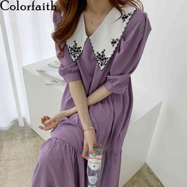 

colorfaith new women spring summer shirt dress casual half sleeve embroidery v-neck oversize korean lady long dress dr8818 210413, Black;gray