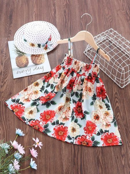 

toddler girls allover floral print cami dress with hat she, Red;yellow