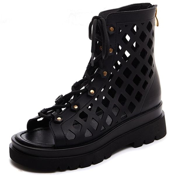 

open-toed women summer boots cross tied genuine leather thick heels pumps female 2021 fashion party ankle, Black