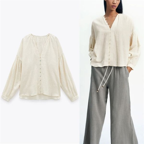 

blouses women rustic long sleeve vintage loose summer shirt feminine fashion button up khaki blouse casual 210524, White