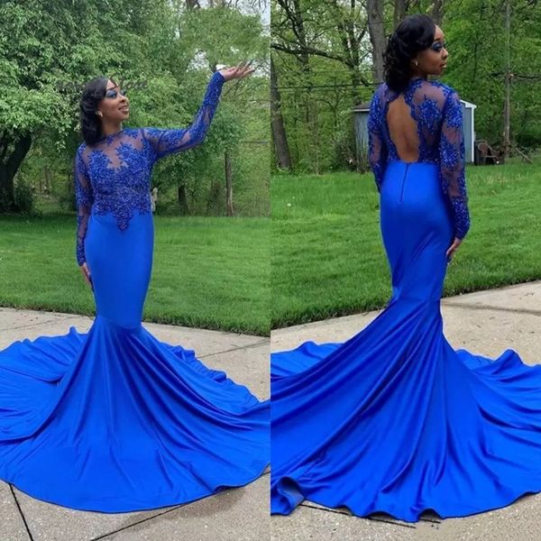 

2022 royal blue mermaid prom dresses for african women long sleeve open back evening formal party gowns lace graduation, Black