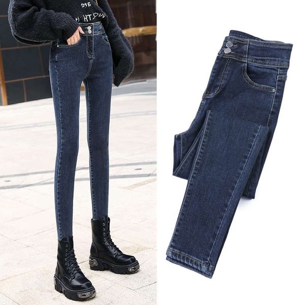 

women's jeans high waist feet plush black autumn and winter korean version of slim pants trend ardg, Blue