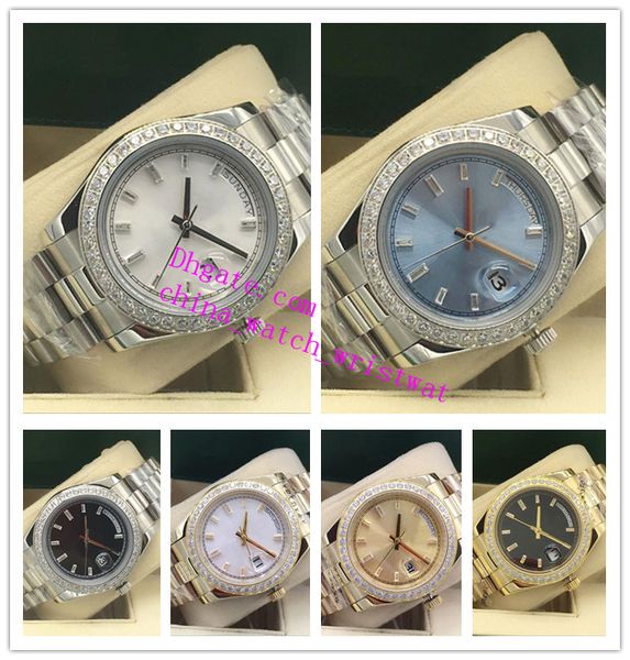 

men watch montre de luxe 41mm diamond bezel 18k white gold blue black automatic stainless steel bracelet luxury mens watches wristwatch, Slivery;brown