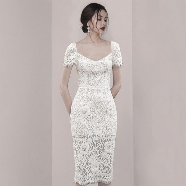 Корея мода кружева bodycon тонкое платье женщины элегантный с коротким рукавом лето сексуальные v-образные вырезы платья ol рабочая одежда vestidos 210514
