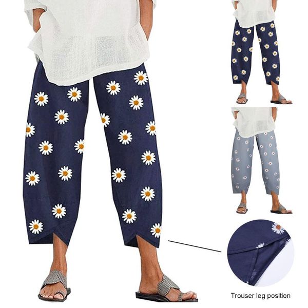 

women's pants & capris women casual harem daisy print cotton linen wide leg trousers summer elastic waist loose comfortable 2021 #t1q, Black;white