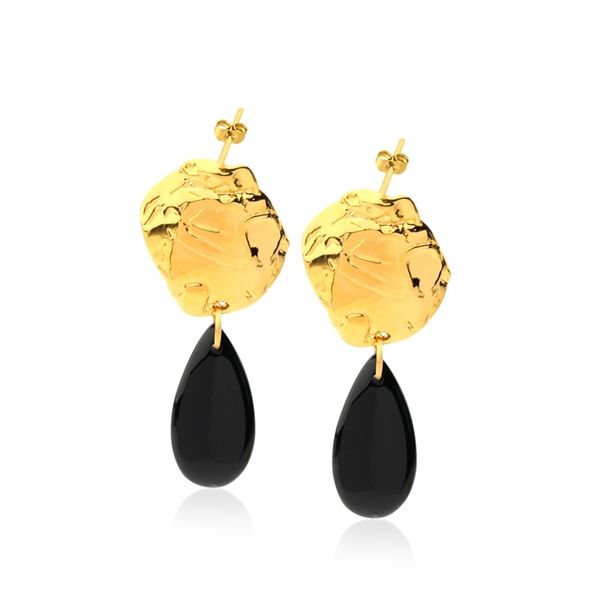 

cool wind women's long style black agate earrings 18k gold electroplating simple round face show thin