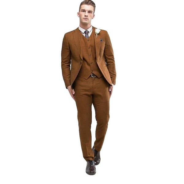 Erkekler Suits Blazers açık kahverengi erkekler 3 parçalı düğün smokin damat çentik yaka ince fit erkek akşam yemeği balo balo (ceket pantolon yelek kravat)