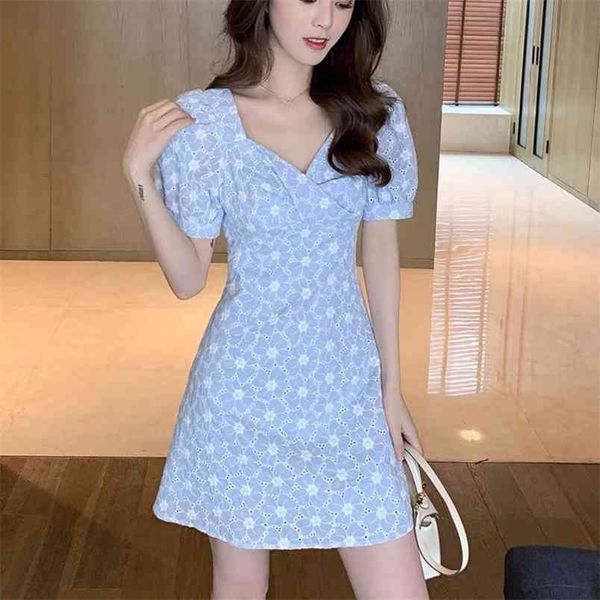 

french fashion vintage floral embroidery mini summer dress women puff sleeve casual party dresses sweet sundress robe femme 210514, Black;gray
