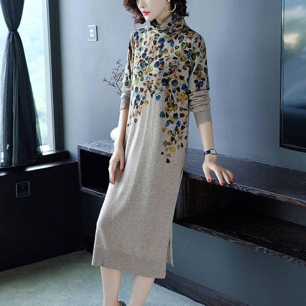 

high collar knitted dress women's one piece autumn winter sweater elegant retro floral women long party casual dresses, Black;gray