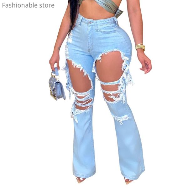 

women's jeans women high waist hole flare female plus size ripped casual denim pants, Blue