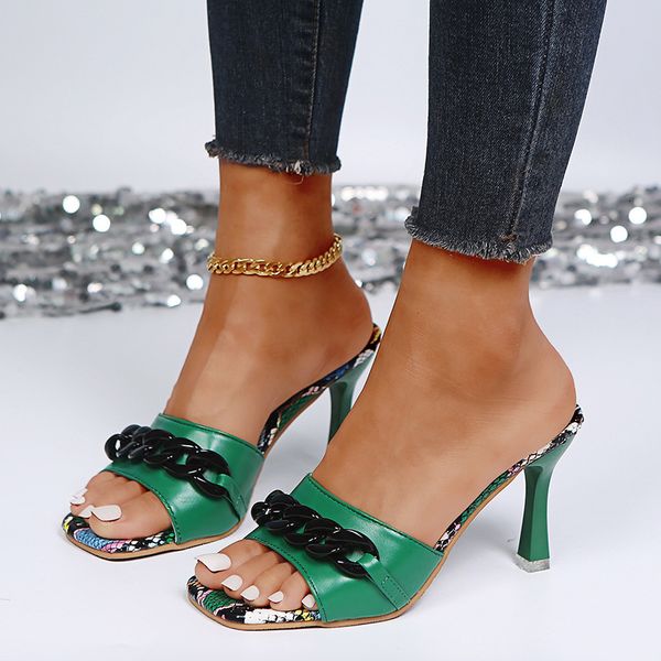

luxury slippers fashion sandals 2021 summer chain snake high slipper's green thin heeled large sho, Black