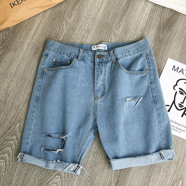 

summer men's jeans shorts split hole blue straight vintage denim short pant man stylish streetwear beggar mens plus size