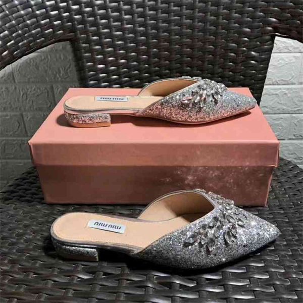 

fashion 2021 new miu water drill half slippers flat bottom pointed baotou sandals versatile, Black