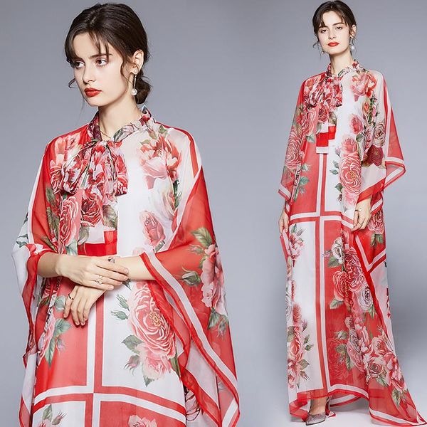 

casual dresses spring summer fall fashion floral print bow tie neck long bell sleeve empire waist women ladies party beach maxi dress, Black;gray