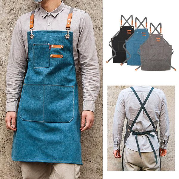 

aprons for grill restaurant with pockets chef work apron cafes beauty nails studios uniform canvas kitchen fashion