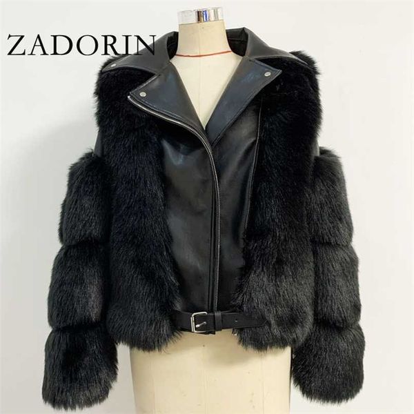 

zadorin fashion luxury faux fur coat motorcycle pu leather turn down collar warm faux fur jacket women winter 211019, Black