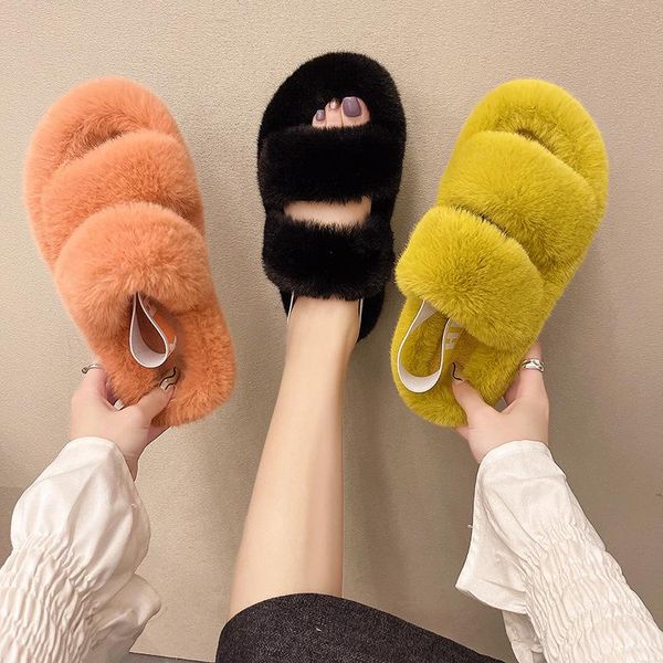 

slippers women's shoes memory foam soft furry flip flops warm chunky skin-friendly plush bandage for home large size, Black