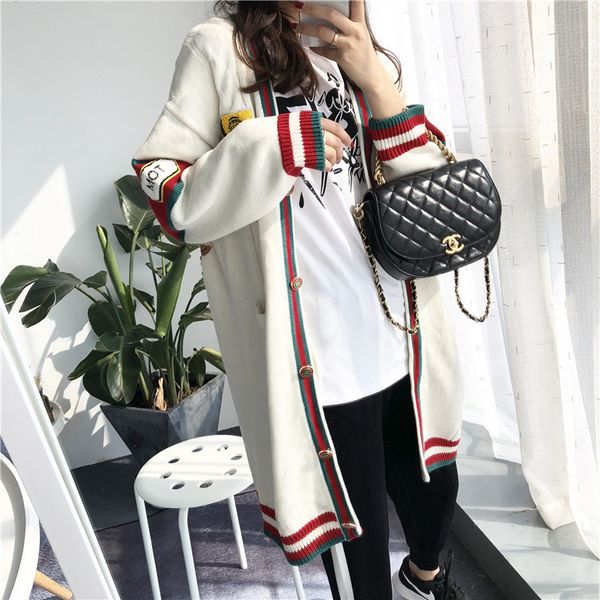 

a green medium long tiger head knitted cardigan jacket, White
