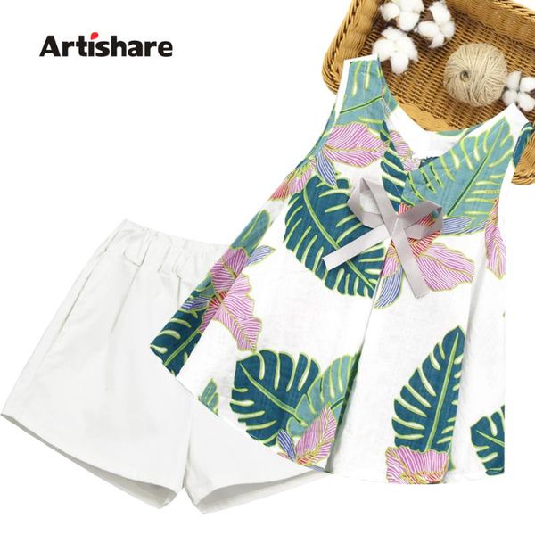 

clothing sets kids summer clothes girls floral vest + short outfits bow casual style children's costume, White