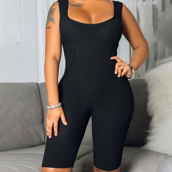 

women sport jumpsuit outfits streetwear sleeveless bodycon solid knitted jumpsuits romper overalls for 2021 summer women's & rompers, Black;white